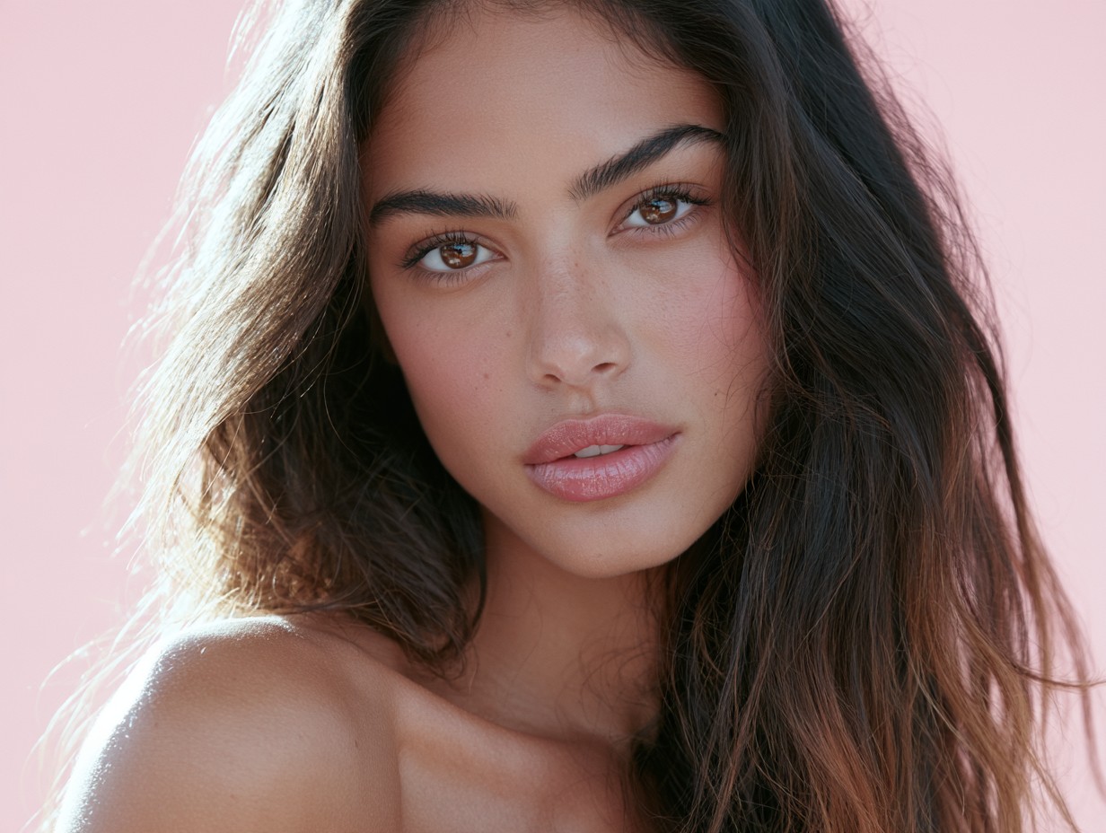 Model with healed, softly defined eyebrows against a pink backdrop