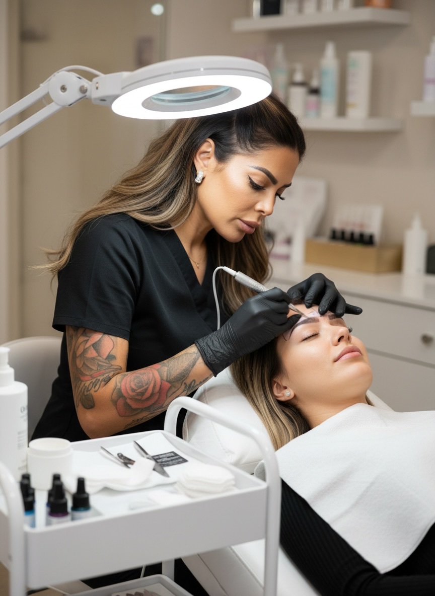 Veronica, microblading artist at Brows For Life in Danbury, CT, working on a client's eyebrows